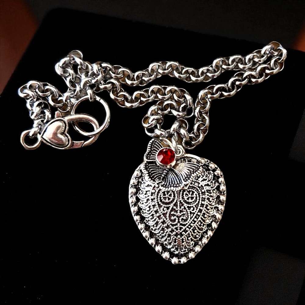 Beautiful Silver Toned Heart Necklace with Butterfly and Red Gem Charm 16.5” - Picture 5 of 17
